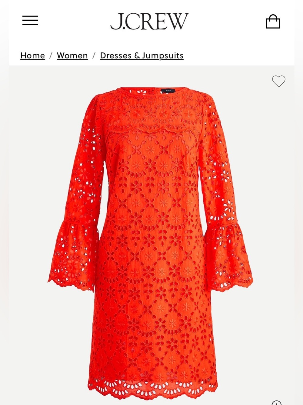 J. Crew Bell Sleeve Embroidered Eyelet Shift Dress Vibrant Red/Tangerine